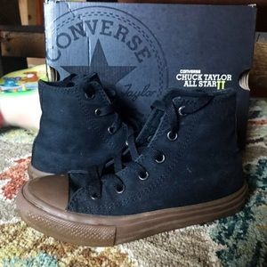Converse black high tops.